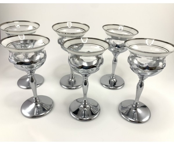 Six Farber Bros. Fluted Silver and Frosted Glass Cocktail Glasses